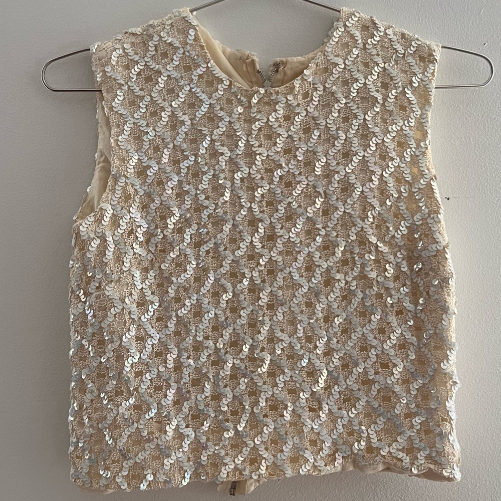 Vintage White Sheer Top with Iridescent Sequins - Perfect Addition to Wardrobe!
